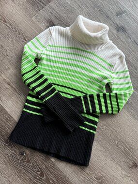 Vintage Y2K Arctic Wear Turtleneck | Neon Striped Ribbed Fitted Sweater S/M